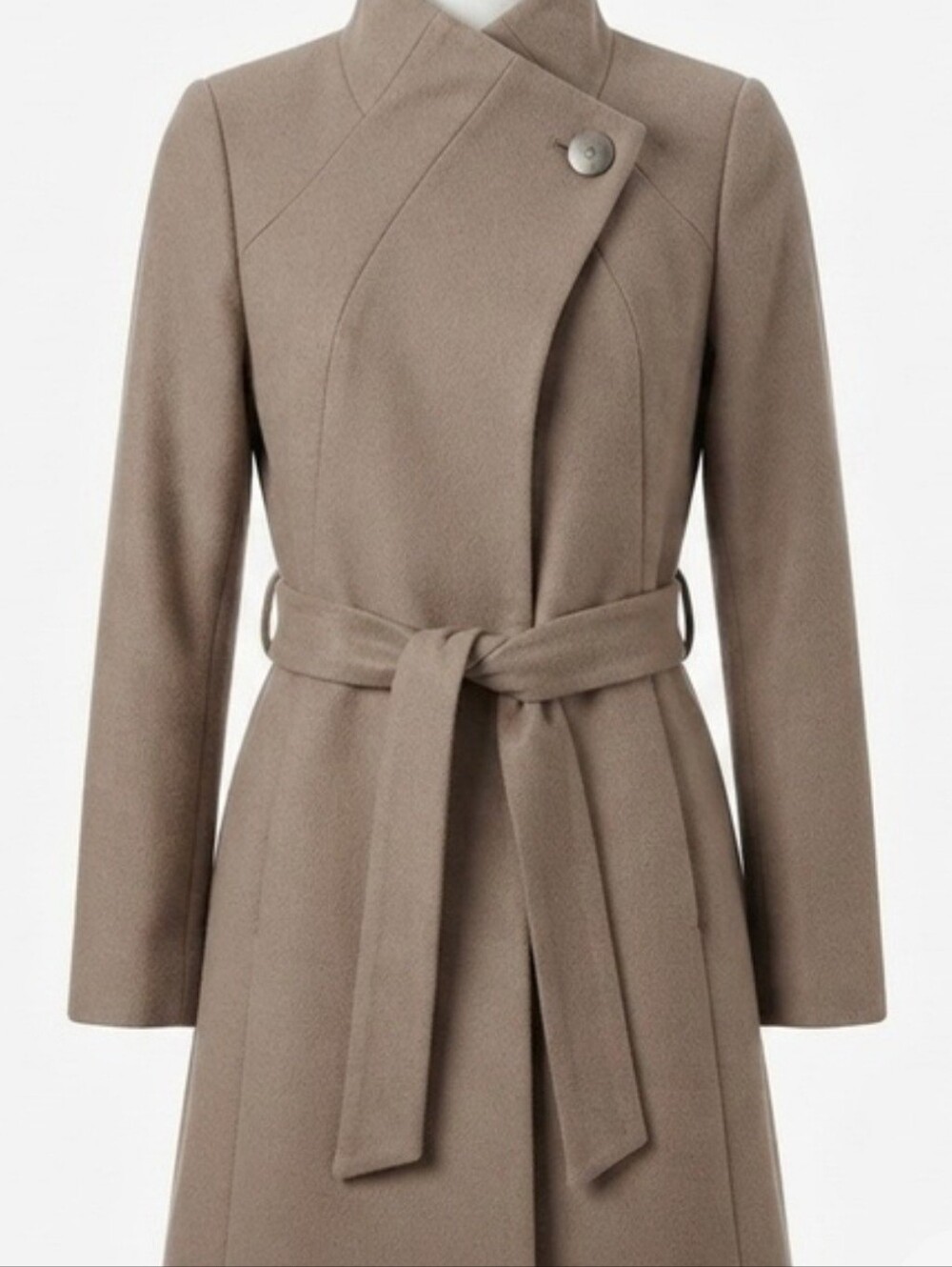 Tahari Camel Wool-Blend Belted Asymmetric Wrap Coat